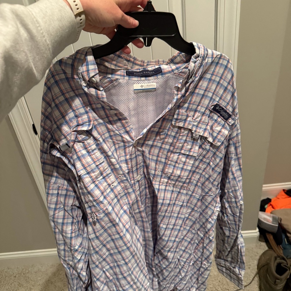 Columbia Blue and White Plaid Shirt